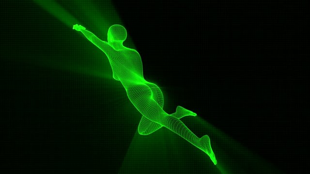 4K Futuristic Wireframe Android AI Shine Woman Jumping Flying Seamless Loop