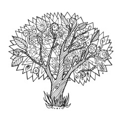 Hand drawn illustration. Doodle Tree on a white background. Nature element. Can be used as a coloring page, print or poster to "Day planting trees"