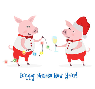 Cute pigs with champagne with garland.