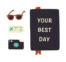 Sunglass, camera, ticket and diary hand drawn vector illustration