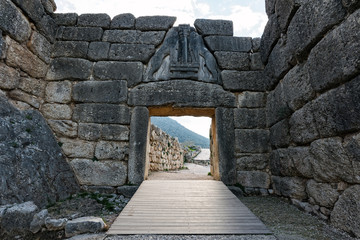 The famous Lion Gate, the main entrance of the Citadel at the archaeological site of .Mycenae in...
