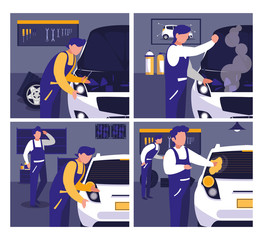 Fototapeta premium car in maintenance workshop with mechanics team