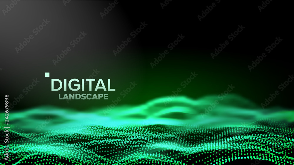 Poster digital landscape vector. data technology. wave mountain. tech surface. dot land. geometric data. 3d