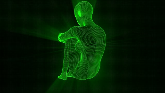 4K Futuristic Wireframe Android AI Shine Woman Sitting Sad Seamless Loop