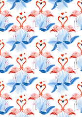 Fototapeta premium Wedding marriage event invitation card template. Exotic flamingo and tropical palm leaves, plants, bird of paradise. Design element for card, poster, banner, and other use