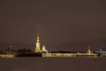 Peter Paul fortress in St. Petersburg, Russia on winter night