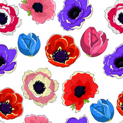seamless pattern  flower bloom japanese anemone. v illustration