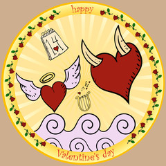 color illustrations in the style of childrens scribbles on the theme of Valentines day, two hearts one with wings and another with horns round sticker