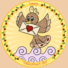 color illustrations in the style of childrens scribbles on the theme of Valentines day, Bird flying with envelope and heart in its beak round sticker