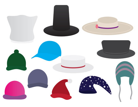 Set of different hats illustrations on White background