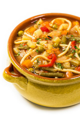 Vegetarian Vegetable Soup Isolated on a white background. Selective focus.