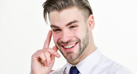 Funny idea. Bearded man smile with finger raised isolated on white. Happy macho smiling or laughing. Fresh idea concept. Businessman handsome unshaven macho satisfied with solution close up