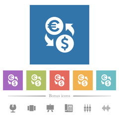 Dollar Euro money exchange flat white icons in square backgrounds