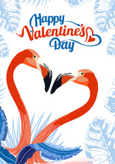 Happy Valentine's Day card set. Exotic flamingo and tropical palm leaves, plants. Design element for card, poster, banner, and other use. 