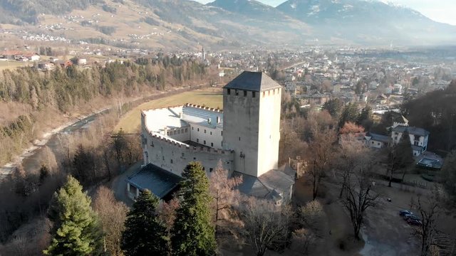 Lienz Castle aerial view in winter, Austria