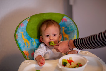 Fototapeta na wymiar adorable boy eating broccoli.