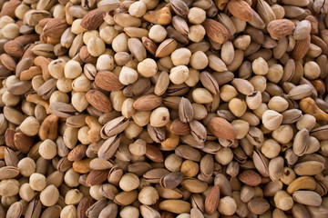 Assorted nuts background. Almonds, hazelnuts, cashew and pistachios mixed together