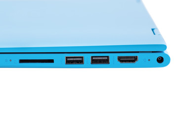 Part of the modern blue laptop with a power button, USB connector, headphone jack and volume buttons