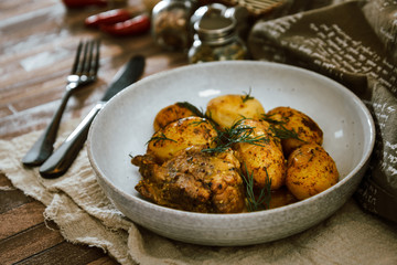 Piece of roasted pork and potatoes