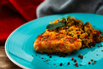 Andalusian fish, saffron rice with vegetables