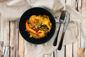 Prawn with rice - closeup of prawn with rice - traditionnal spanish food paella