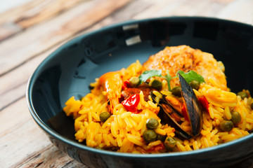 Prawn with rice - closeup of prawn with rice - traditionnal spanish food paella