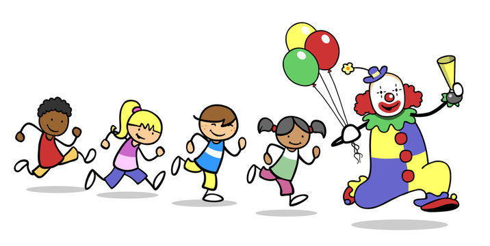 Kinder laufen hinter Clown bei Ausbildung in Clownschule