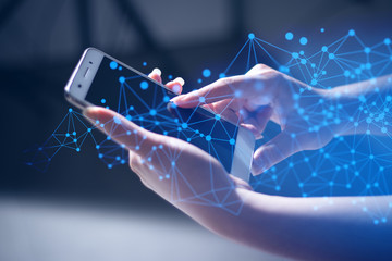 business man with smartphone mobile in network social digital online connect to data concept, girl use her mobile for digital services