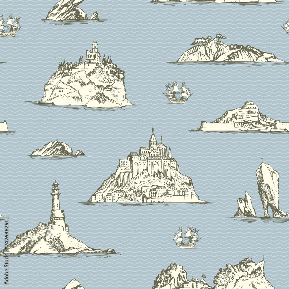 Poster vector abstract seamless background on the theme of travel, adventure and discovery. old hand drawn 
