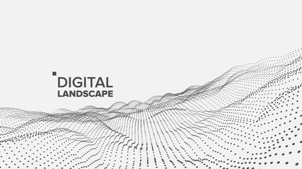 Abstract Landscape Vector. Particle Wireframe. Big Flow. Cyber Concept. Futuristic Graphic. Relief Structure. 3D Illustration