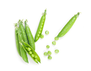 green peas in pods on a white background