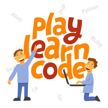 A vector image with a lettering play learn code. A children coding theme isolated text with the programming languages and boys children coding