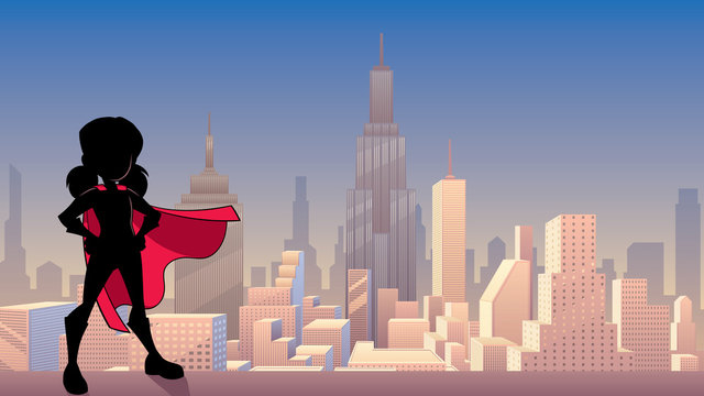 Silhouette Illustration Of Super Heroine Girl Wearing Red Cape Against City Background As Copy Space.