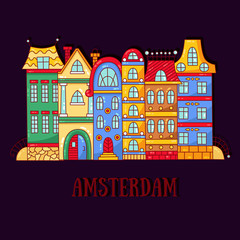 Amsterdam doodle cartoon houses buildings vector illustration