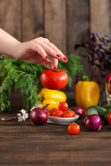 salad fresh vegetables (tomato, cucumber, radish, pepper, arugula and other vegetables). copy space. top