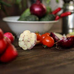 salad fresh vegetables (tomato, cucumber, radish, pepper, arugula and other vegetables). copy space. top