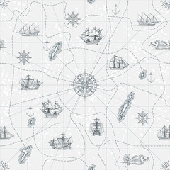 Vector abstract seamless background on the theme of travel, adventure and discovery. Old hand drawn map with vintage sailing yachts, wind rose, routes and nautical symbols