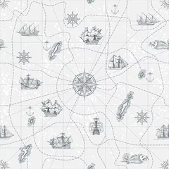 Fotobehang Zee Vector abstracte naadloze achtergrond op het thema van reizen, avontuur en ontdekking. Oude getekende kaart met vintage zeiljachten, windroos, routes en nautische symbolen