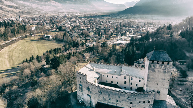 Lienz Castle aerial view in winter, Austria