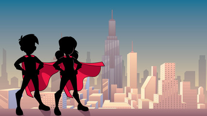 Silhouette illustration of superhero children wearing capes against city background for copy space. © Malchev