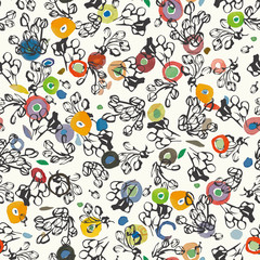 Cream vector repeat pattern with black silhouette flower buds and pink and red watercolour dots. Surface pattern design.