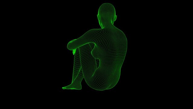 4K Futuristic Wireframe Android AI Woman Sitting Pensive Seamless Loop