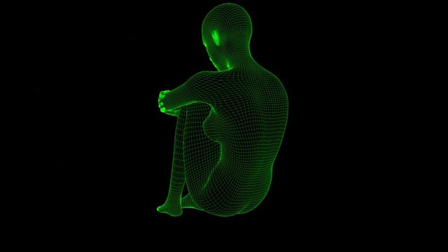 4K Futuristic Wireframe Android AI Woman Sitting Sad Seamless Loop