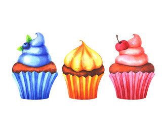 Hand painted set of watercolor colorful muffins isolated on white background