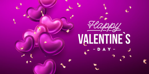 Valentines Day background with heart shaped balloons. Holiday vector illustration