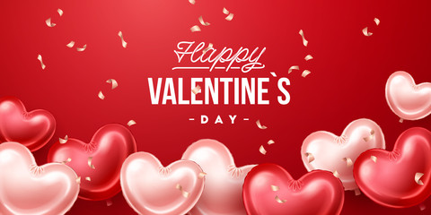 Valentines Day background with heart shaped balloons. Holiday vector illustration
