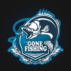 Fishing bass logo. Bass fish with rod club emblem. Fishing theme illustration. Fish Isolated on white.