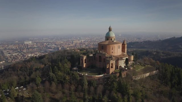 Aerial view of Sanctuary of the Madonna di San Luca basilica church in Bologna, Italy