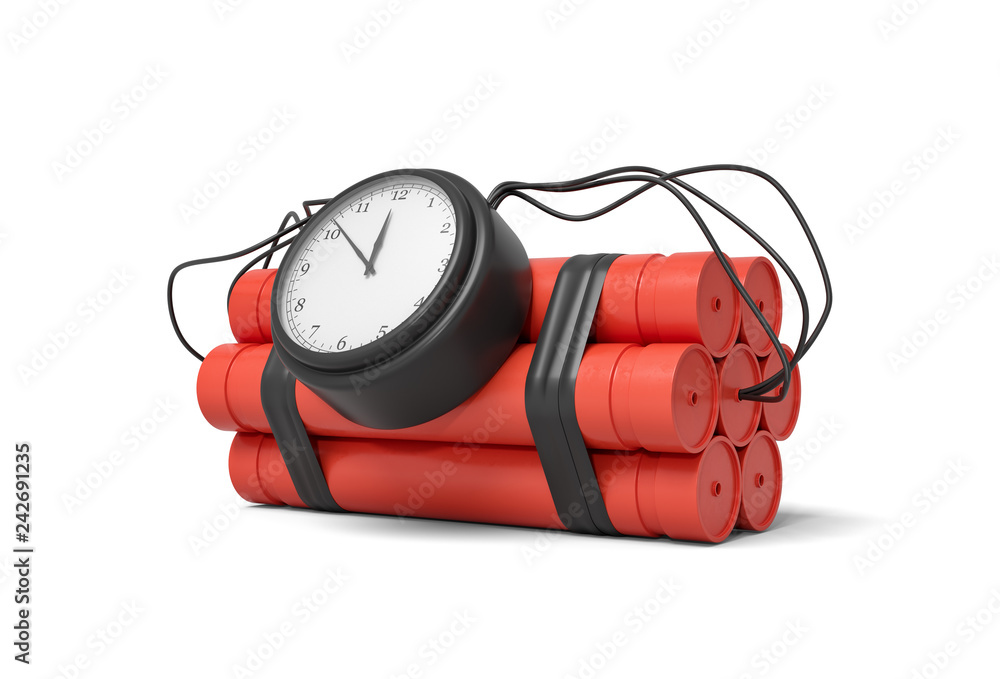 Poster 3d rendering of a bundle of dynamite sticks with a clock attached to the side of it on a white backg