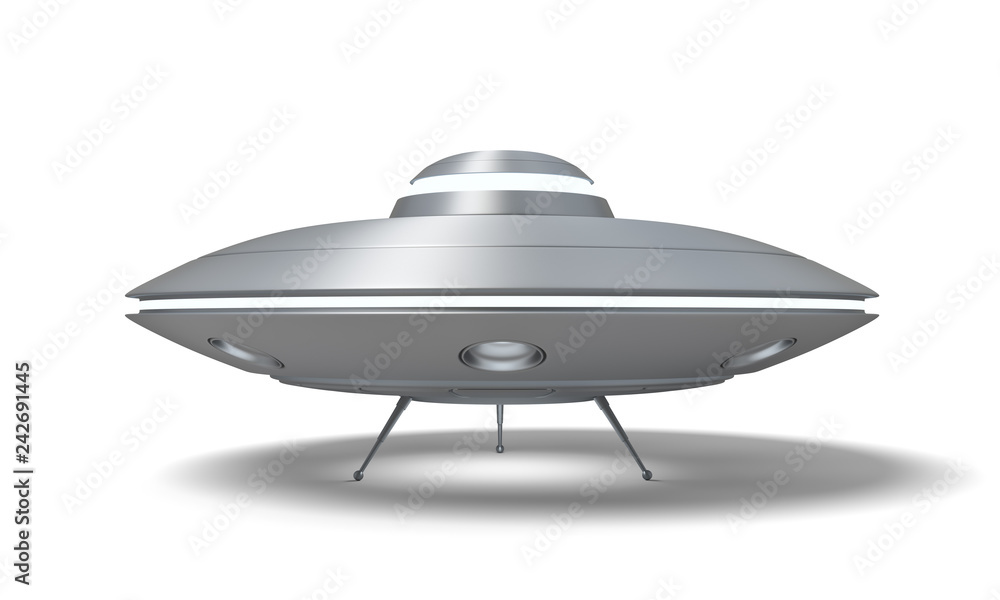 Poster 3d rendering of a ufo standing on the ground with its hatch open isolated on a white background.